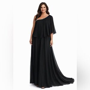 TS Couture Black One Shoulder Chiffon Gown Formal Evening Dress Rhinestone Trim